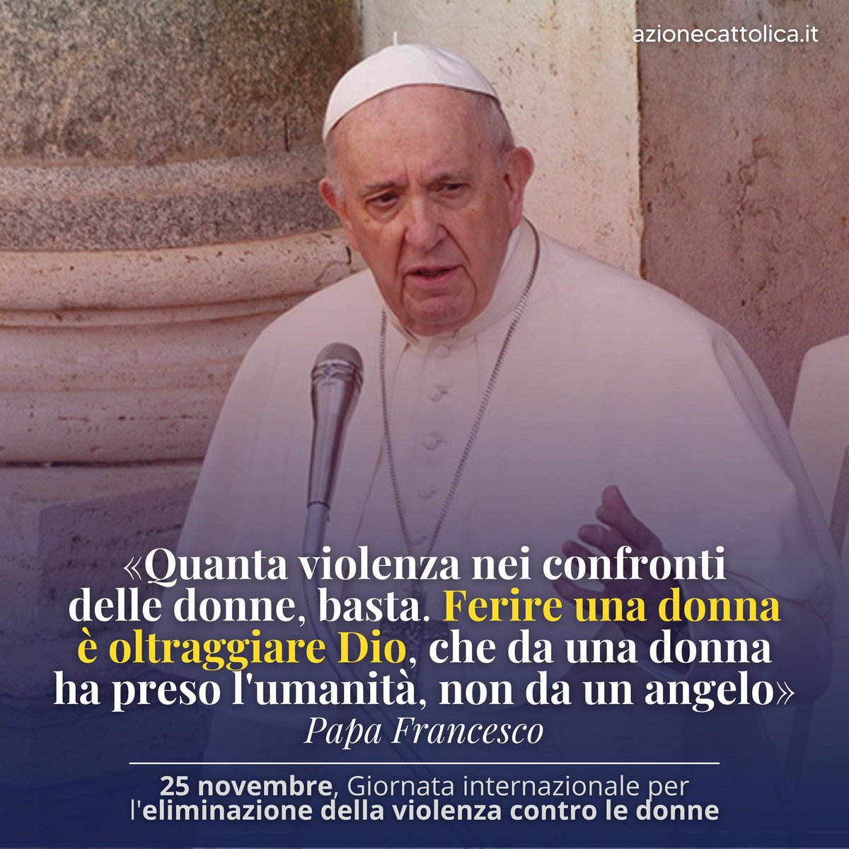 🔴 Oggi #25novembre facciamo nostre le parole di <a href="/Pontifex_it/">Papa Leone XIV</a>
​
Sentiamo la forte l’esigenza, unitamente alla #preghiera, di rimettere al centro dei nostri percorsi formativi il rispetto dell’altro e il valore autentico della #relazione quale criterio fondante del vivere civile.