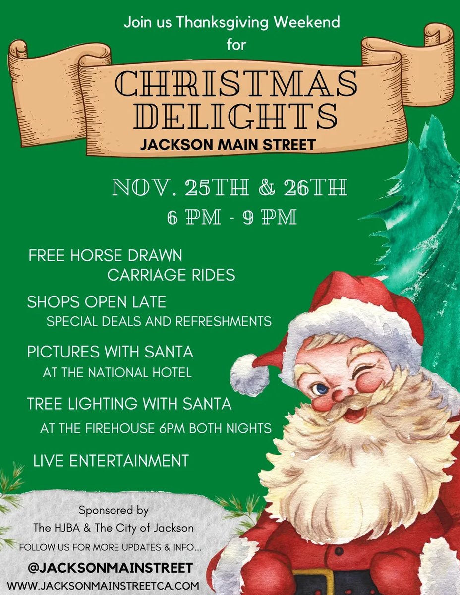 Come on down to Jackson's annual Christmas Delights! At 6pm, start your night off down at the firehouse for the tree lighting ceremony with Santa. Then wander the streets for carriage rides, pictures with Santa, live entertainment, and to visit all the shops that will be open.