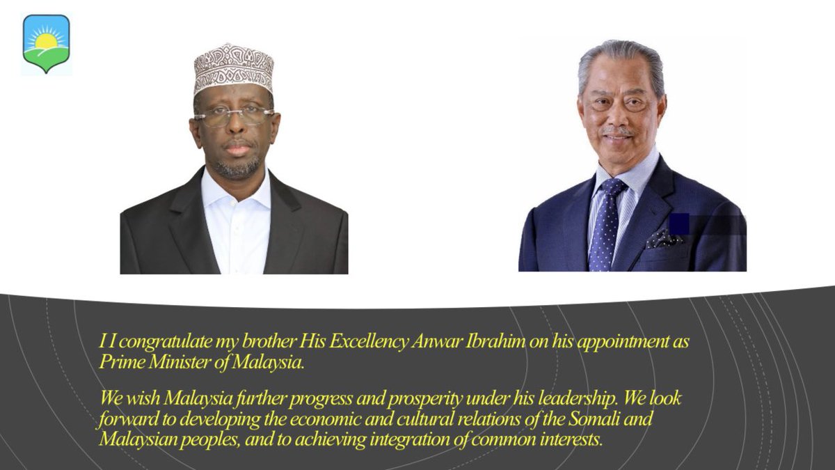 HESharifAhmed's tweet photo. أهنئ أخي سعادة أنور إبراهيم @anwaribrahim  بمناسبة توليه منصب رئيس الوزراء في مملكة ماليزيا الاتحادية 🇲🇾
نتمنى لماليزيا الشقيقة مزيدا من التقدم والنجاح في ظل رئاسته، ونسعى لتطوير علاقات الشعبين الصومالي والماليزي الاقتصادية والثقافية، وتحقيق تكامل في المصالح المشتركة.
#الصومال 🇸🇴 https://t.co/rirf7Rlxo5