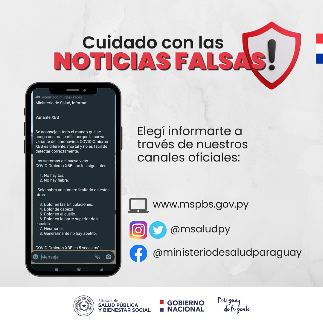 NOTICIA FALSA

Informarte a través de los canales oficiales del MSPBS

💻 mspbs.gov.py
TW /IG: <a href="/msaludpy/">Ministerio de Salud</a>
Facebook: ministeriodesaludparaguay
