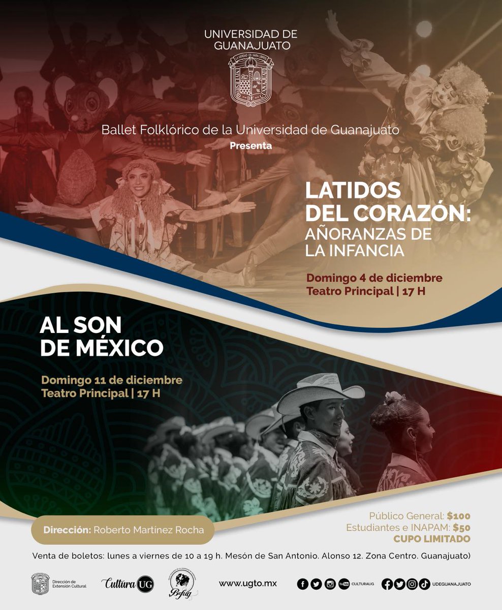 CulturaUG's tweet photo. El #Bafug invita a sus presentaciones: 
LATIDOS DEL CORAZÓN, AÑORANZAS DE LA INFANCIA
📆04 de diciembre⏰17:00 h📍Teatro Principal 
AL SON DE MEXICO
📆11 de diciembre⏰17:00 h📍Teatro Principal
🎟venta de boletos en el Mesón de San Antonio https://t.co/12gDfjF8BA