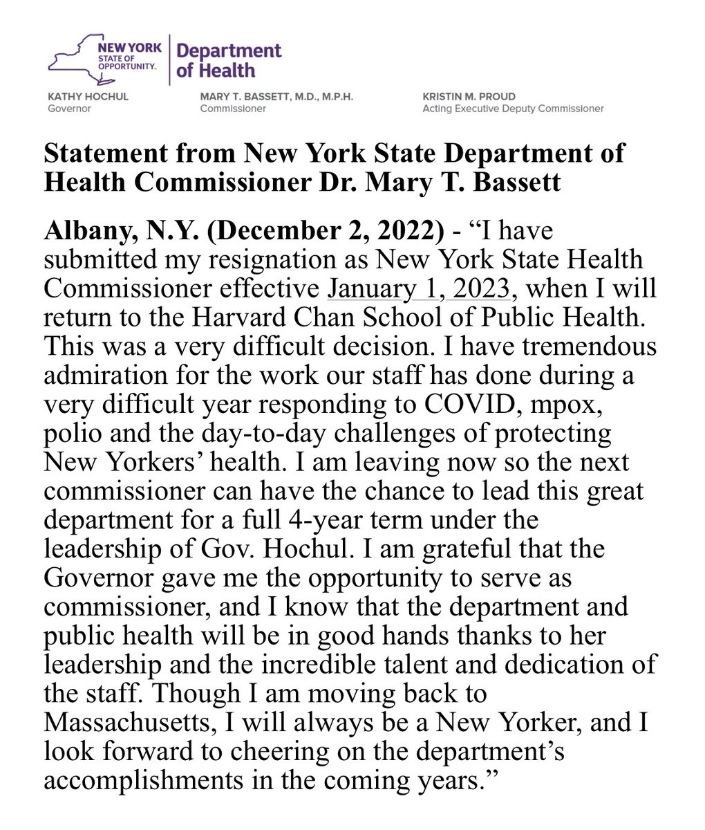 Thank you @GovKathyHochul and the team at @HealthNYGov. I will always consider myself a New Yorker, and I will be cheering on the Department’s accomplishments in the years ahead.