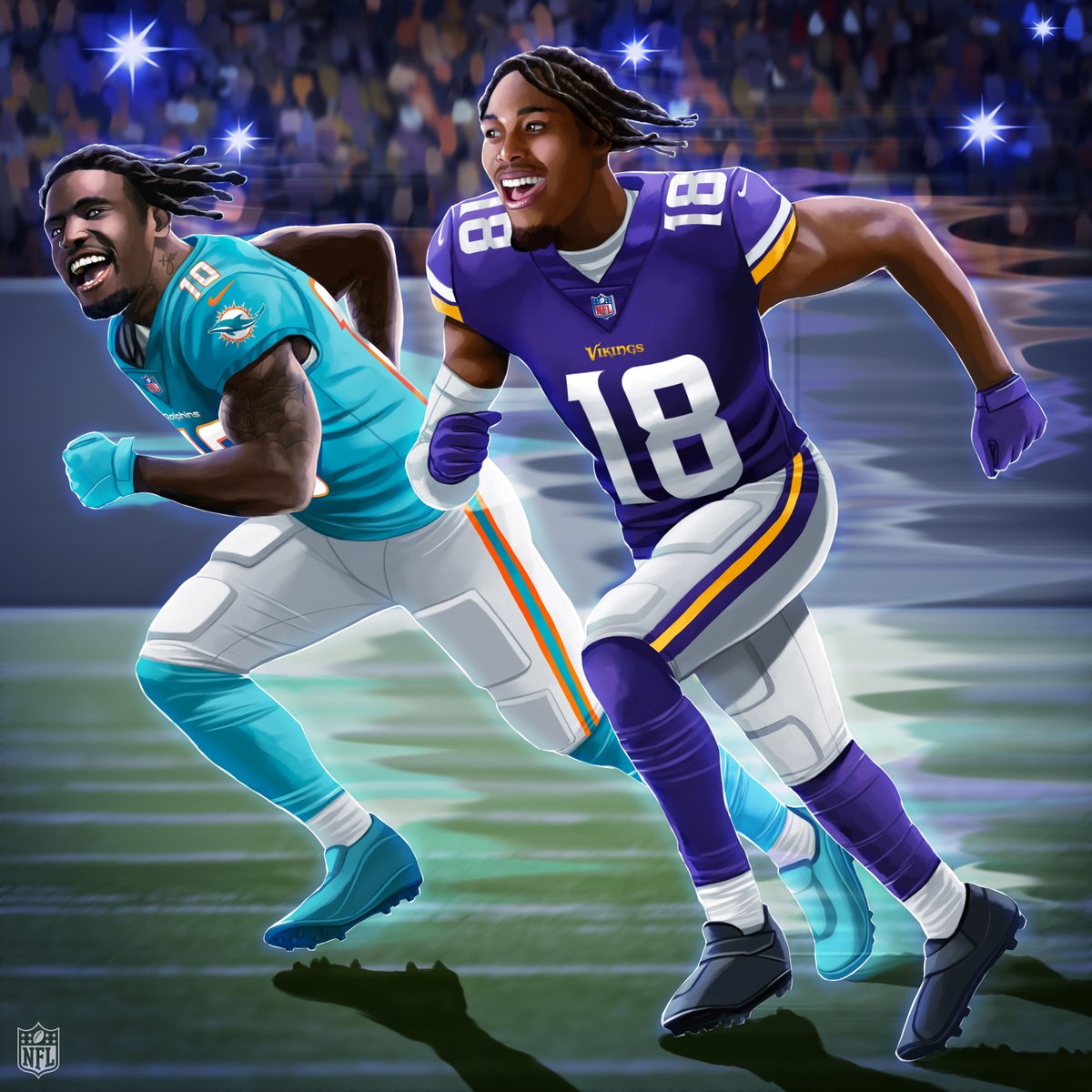 NFL's tweet photo. One yard separates 🐆 and ✈️ in the race to the receiving yards crown.

@cheetah | @JJettas2 https://t.co/QJmlTnS997