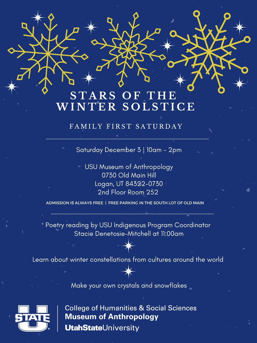 Join us this Saturday December 3rd for a free family activity!

10am-2pm in the Museum of Anthropology 2nd floor of Old Main. Walk in anytime. Parking will be close and free on the South side of Old Main.
