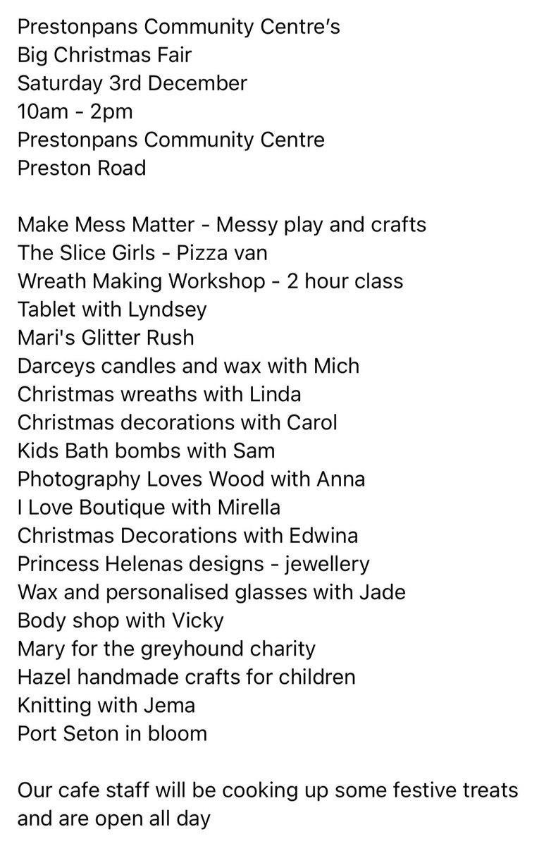 Pans_CC's tweet photo. Tomorrow 10am to 2pm prestonpans community centre Christmas fair please pop by https://t.co/6NOereJoLW