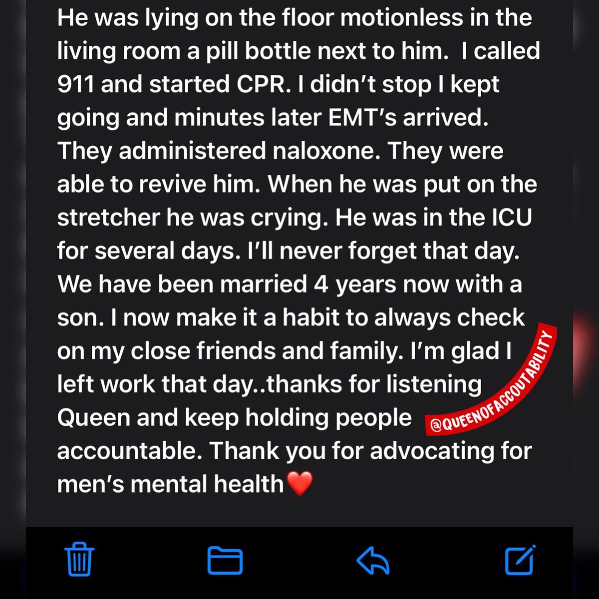 She risked her job checking on his well-being. If she didn’t go with her gut, he wouldn’t be here today. This is what I mean when I say don’t accept “I’m fine”. He showed her all the signs of depression. He knew at that moment he found his wife.

#MENtalHEALth