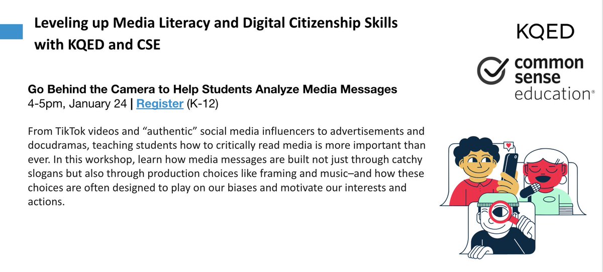 CommonSenseEd's tweet photo. Join @KQED &amp; Common Sense &amp; learn how media messages are built not just through catchy slogans but also through production choices like framing &amp; music – and how these choices are often designed to play on our biases &amp; motivate our actions. 

Register: https://t.co/l2kUqru79a https://t.co/AKFgDzabKY