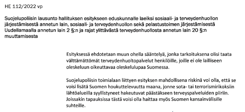 ir_rkp's tweet photo. Eduskunta hyväksyi tänään laittomasti maassa olevien laajennetut terveyspalvelut. Esitimme lain hylkäystä. 

Tämä onkin ainoa soten osa, joka PARANEE tällä hetkellä. Laittomasti maassa olevien palvelut. Sellaisia arvovalintoja sitten. 

Lue myös Supon lausunto 👇 https://t.co/iBHXYvFH8j