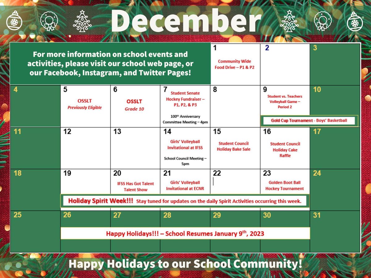 Our December calendar is here!!  
A lot of fun activities happening at IFSS and IFSS-E this month!!