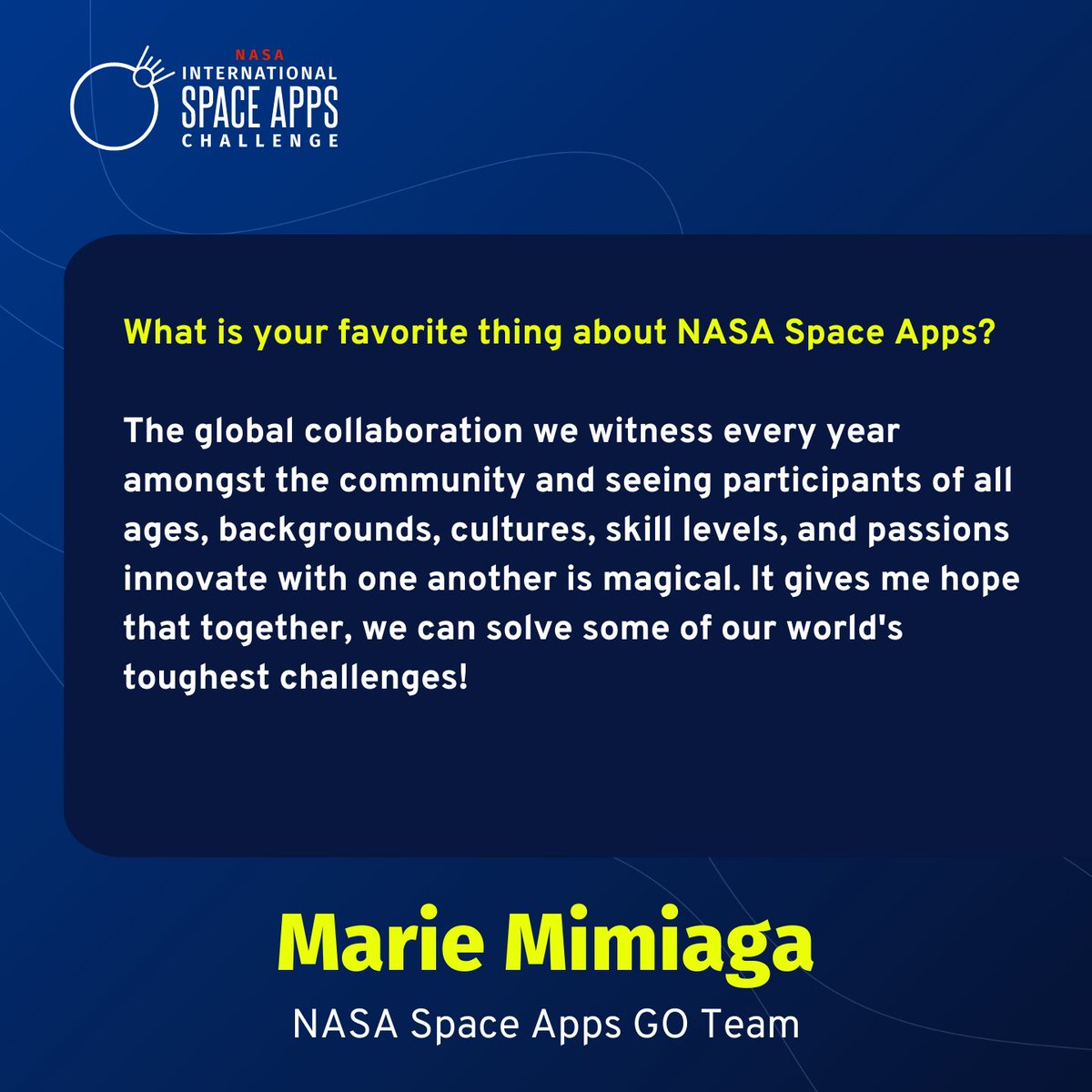 SpaceApps's tweet photo. We are excited to introduce Marie Mimiaga from the @NASA Space Apps GO Team, as a co-host for the 2022 NASA Space Apps Global Winners Live Announcement on Dec 8th!

Did you know she is also a Program Director at SecondMuse and has helped organize five #SpaceApps Challenges? Wow! https://t.co/cztF1tgM6F