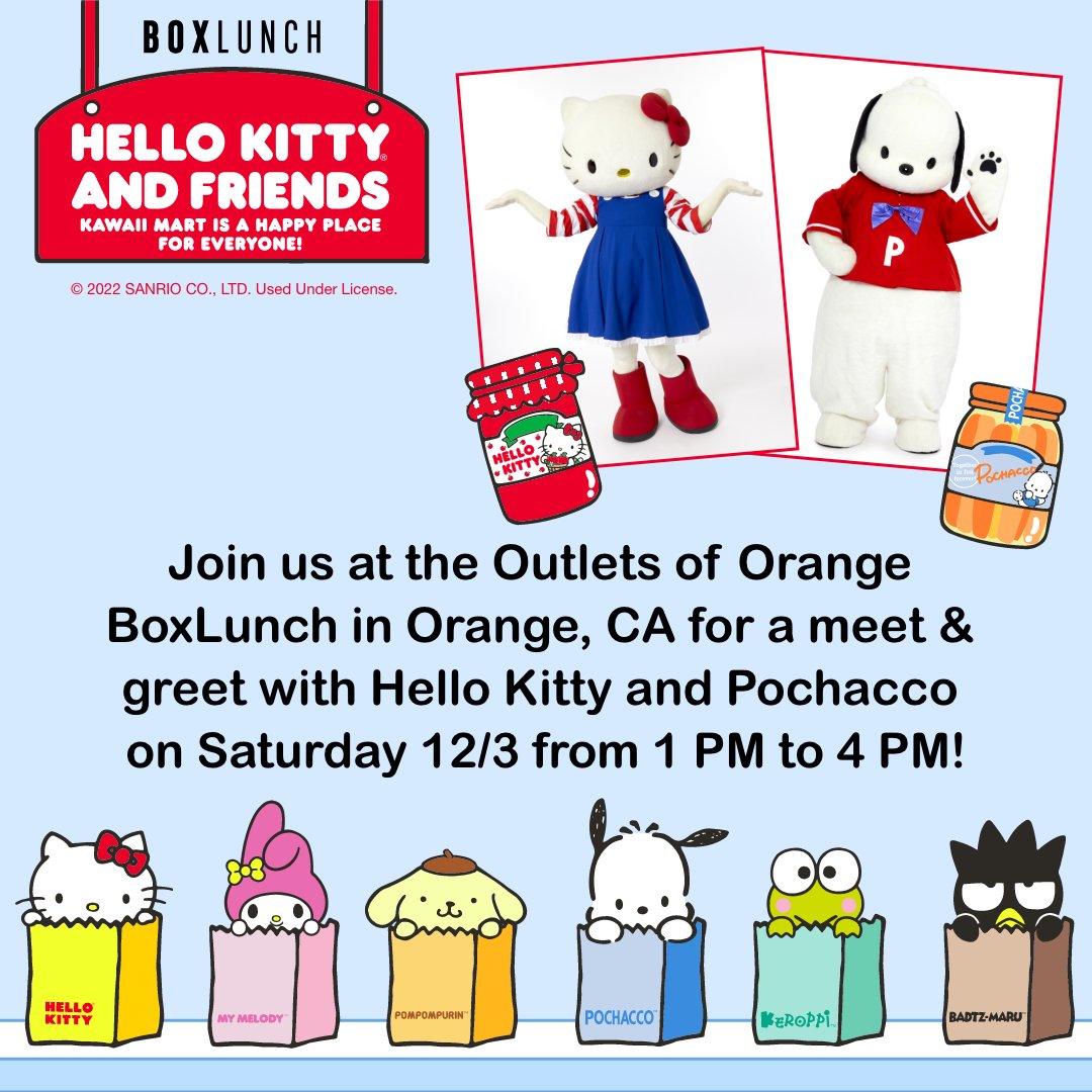 BoxLunchGifts's tweet photo. You can meet @hellokitty and Pochacco from 1-4 pm pst on Saturday 12/3 at the BoxLunch in the Outlets of Orange in Orange, CA π No reservations needed. #BoxLunchxHelloKitty https://t.co/x45JhbvFOG