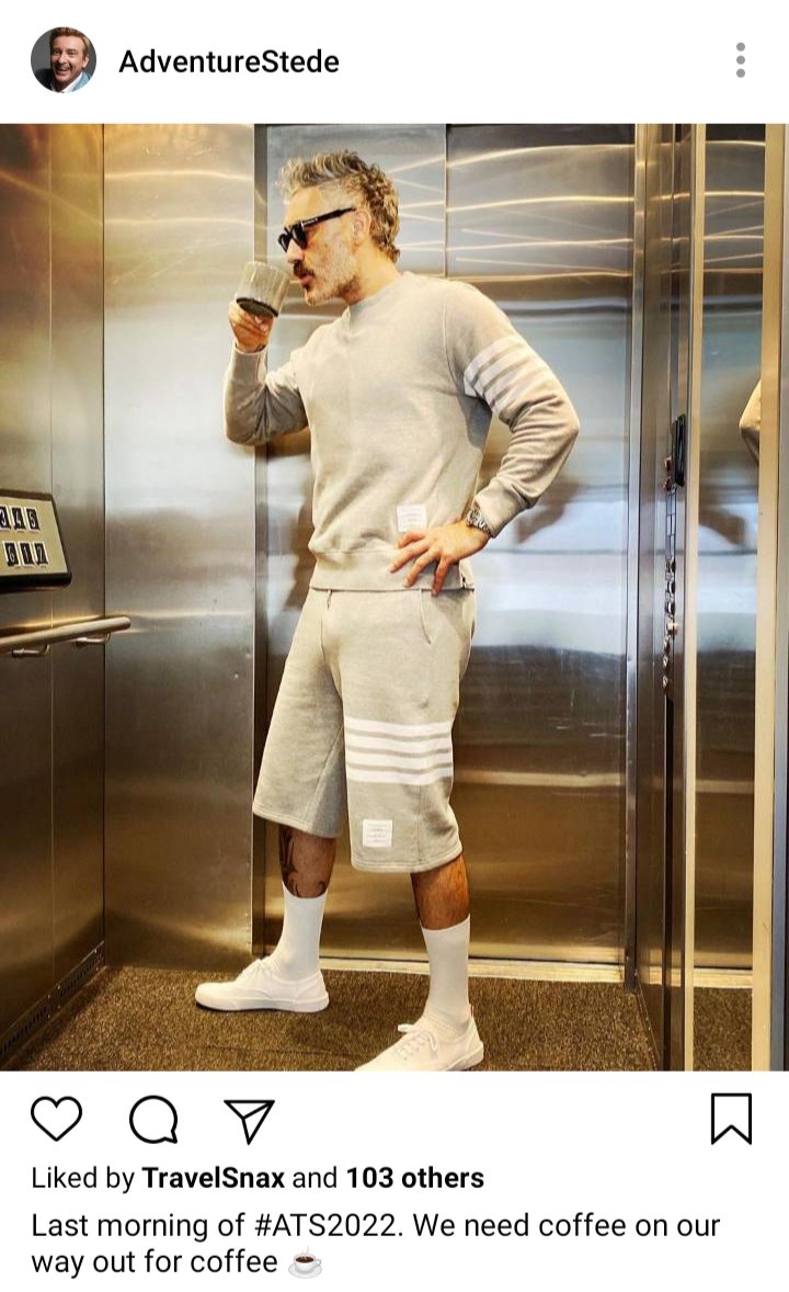 Stede's IG: Picture of Ed in an elevator drinking coffee. Caption reads "Last morning of #ATS2022. We need coffee on our way out for coffee. 