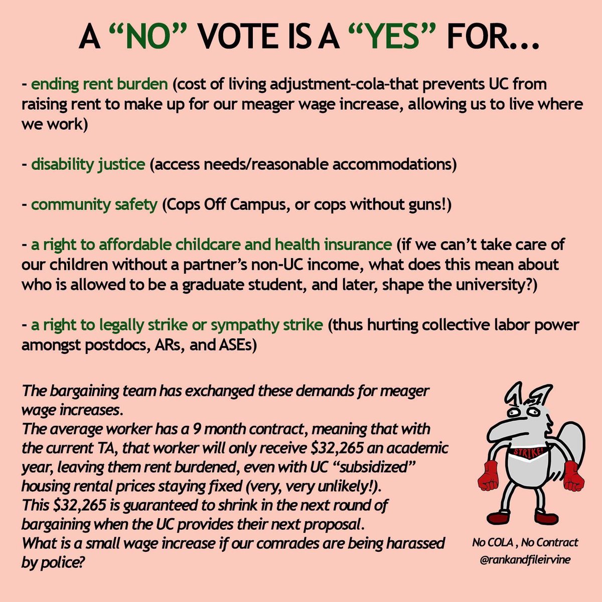 RankandFileUCI's tweet photo. what does it mean to vote no on the proposal we have so far? we would actually be saying yes to something so much better.
#cola4all #nocolanocontract #ucstrike #uconstrike #uawstrike https://t.co/6D5PkVBLGD