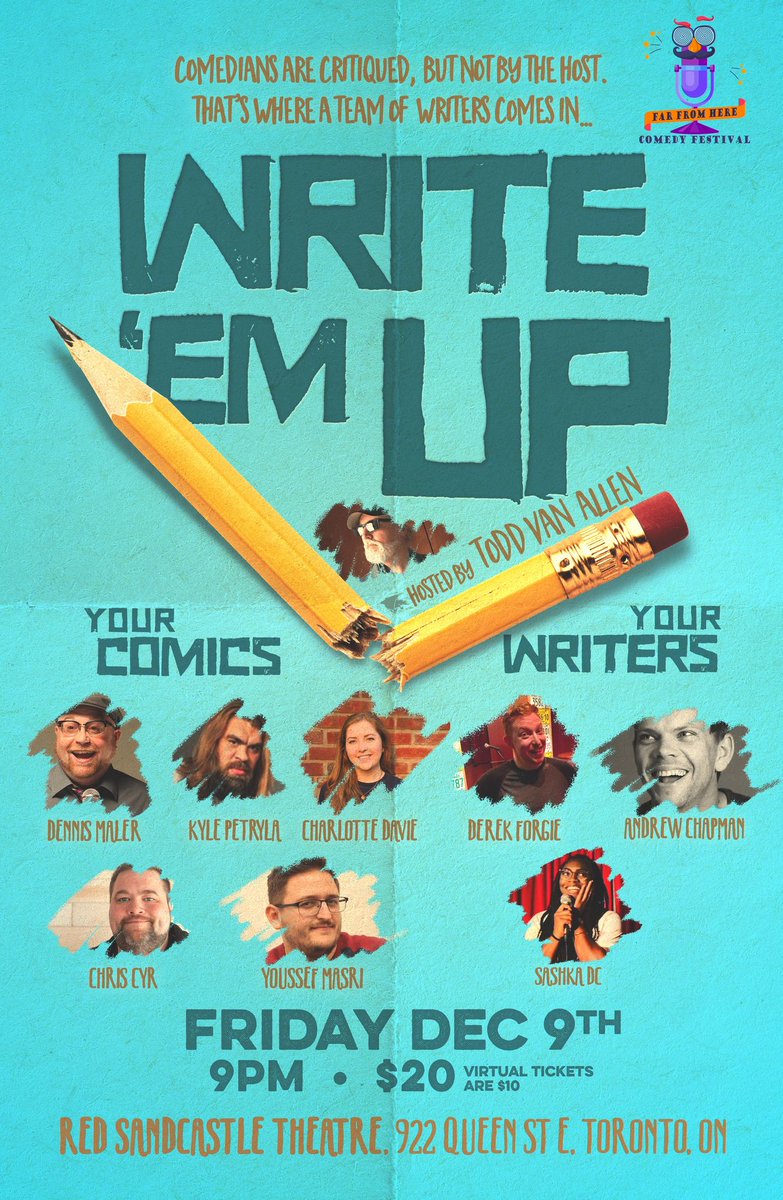 Write Em Up returns BOTH in-person and live streaming at the @FarFromHereCmdy Festival at the Red Sandcastle Theatre in Toronto Fri Dec 9 @ 9pm!
<a href="/heyitstva/">Todd Van Allen</a> hosts comics <a href="/DeadairDennis/">Deadair Dennis Maler</a> <a href="/KylePetryla/">Kyle Petryla</a> Chris Cyr Youssef Masri  &amp; Charlotte Davie perform.
farfromherecomedy.com/store/p17/Writ…
1/2