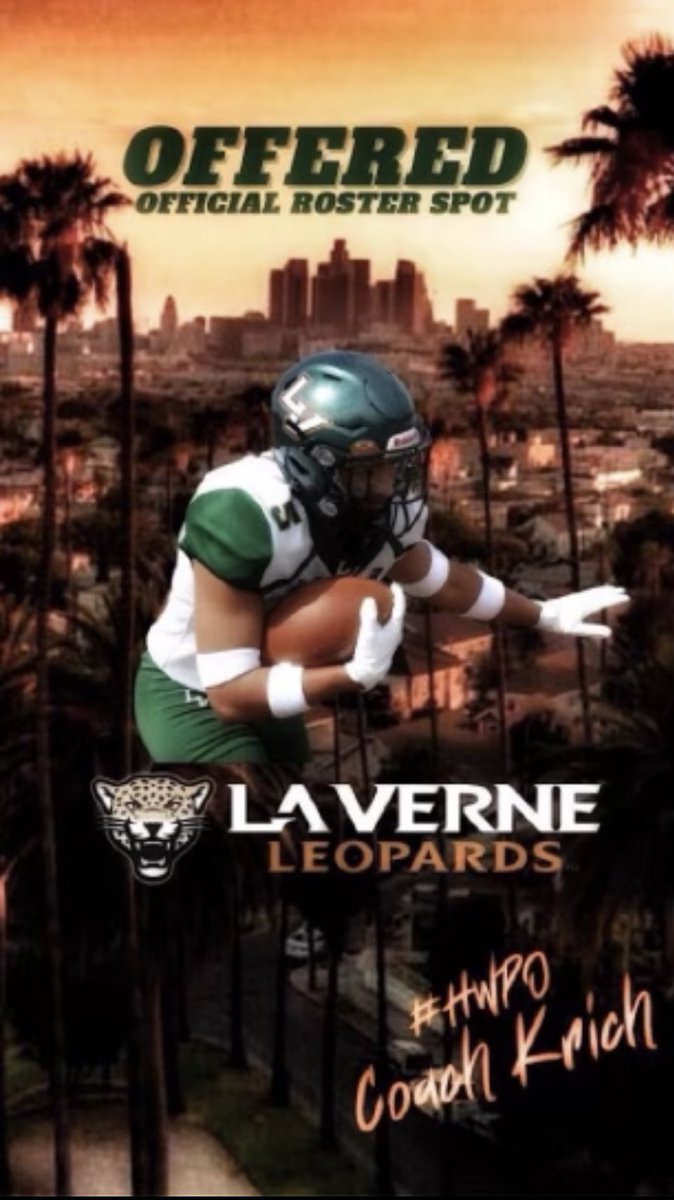 After a great talk with <a href="/augustinoadams/">Augustino Adams</a> I am incredibly honored to have received an offer to the University of La Verne! <a href="/CoachKrich/">Chris Krich</a> <a href="/ULV_Football/">La Verne Leopards Football</a> 
<a href="/westcoastpreps_/">West Coast Preps</a> <a href="/CoachTTMP/">5 ⭐ Coach T Dubb TMP 🏁 🐐</a> <a href="/lhslionsfb/">LibertyLionsFootball</a>