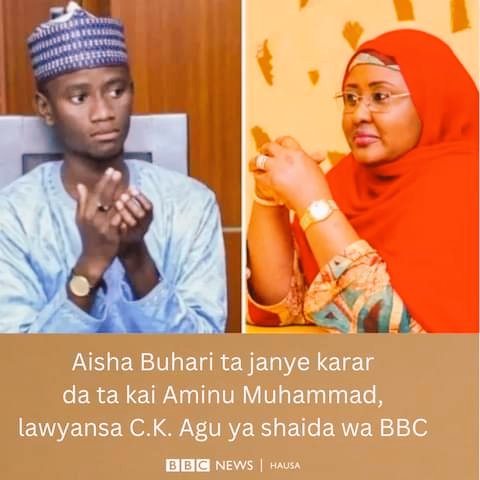 Chaairmo's tweet photo. Matar Shugaban kasar Najeriya Aisha Buhari ta janye ƙara da kuma tuhumar da take yi wa ɗalibin nan Aminu Muhammad, kamar yadda lauyansa ya shaida wa BBC Hausa.
Cikin wani saƙon tes, Barista C.K. Agu bai yi ƙarin bayani ba game da dalilin da ya sa Aisha ta janye ƙarar. https://t.co/yXD0KDIfay