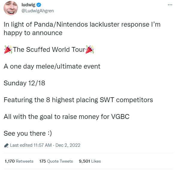 JakeSucky's tweet photo. Ludwig is set to lose hundreds of thousands of dollars this year alone trying to put on for the Smash Scene

Now to replace SWT Championships he'll be hosting his own, while raising funds for VGBC in further support of the space. https://t.co/RbcVyX7u4K