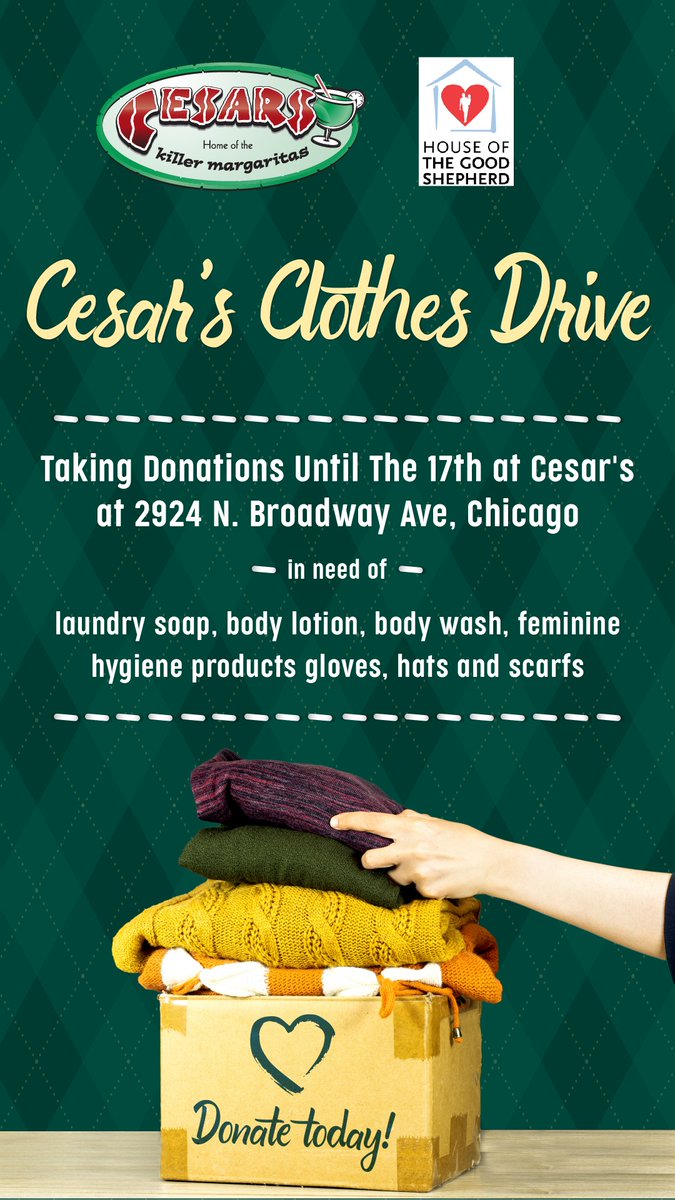CesarsChicago's tweet photo. SPIRIT OF GIVING
We're accepting donations for the House of the Good Shepherd, a Chicago organization that supports families affected by domestic violence.
Drop off at our Broadway location by 12/17: https://t.co/ziuyQm8AIa
#inthespiritofgiving #helpifyoucan #supportchicago https://t.co/eSuDB5vI8O