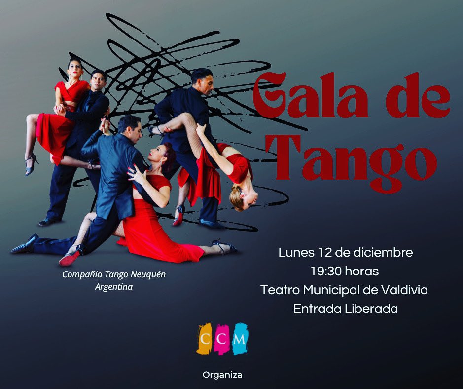 Los amantes del tango podrán disfrutar de una velada de este baile trasandino el lunes 12 de diciembre, a las 19:30 hrs en <a href="/MunicipalVald/">Teatro Municipal Val</a> .La entrada es liberada”. <a href="/INJUVLosRios/">INJUV Los Ríos</a> <a href="/culturaslosrios/">Culturas Los Ríos</a> <a href="/munivaldivia/">MuniValdivia</a> @eligecultura