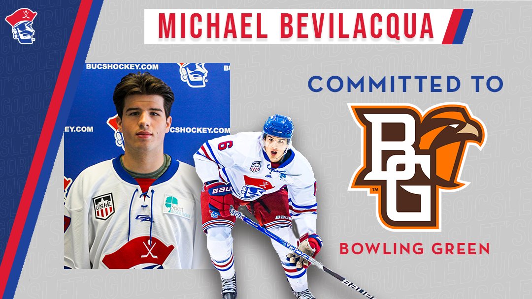 bucshockey's tweet photo. 🚨 COMMITMENT ALERT 🚨 #BucsHockey defenseman Michael Bevilacqua has committed to Bowling Green State University!

Congrats @MichaelBevo6!

🔗 https://t.co/KiCNk4LEv9

#GetHooked 🏴‍☠️ @USHL @BuffaloJrSabres https://t.co/UwNoV9iCwX