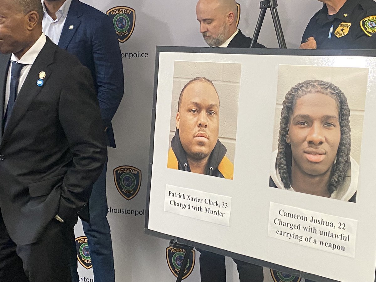 theatlantavoice's tweet photo. #BREAKING: @HoustonPolice announce the arrest of Patrick Xavier Clark, 33, on the murder of #Takeoff. Cameron Joshua was charged with carrying a weapon earlier this week. 

📸: @ABC13Miya https://t.co/gHKUJEEPiu