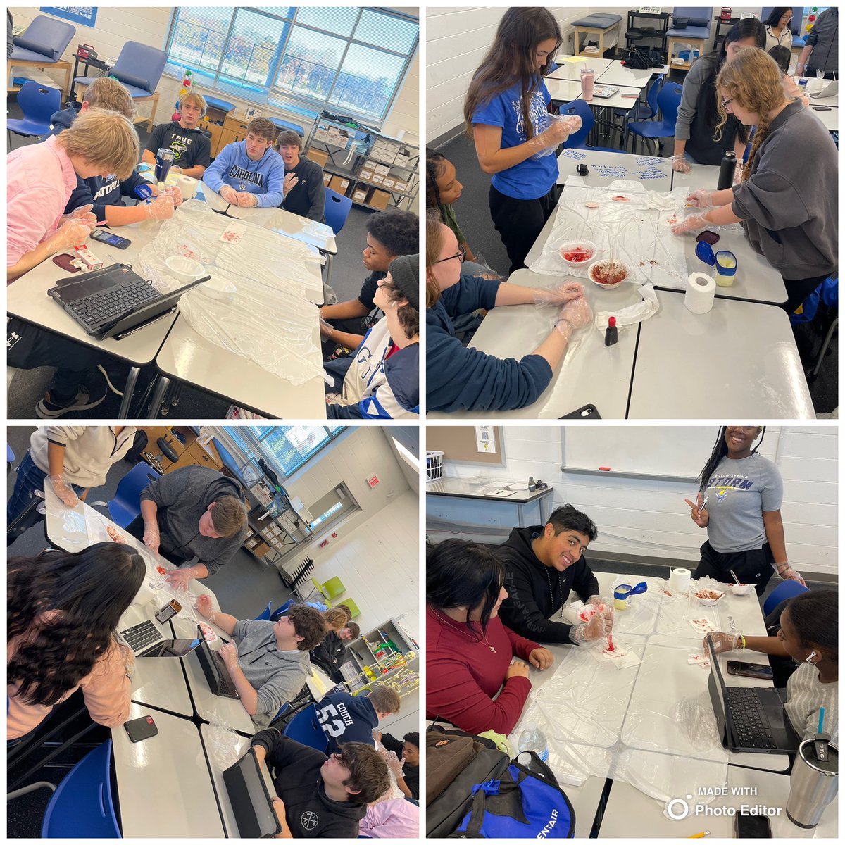 WS_Storm_PE's tweet photo. Students in Community First Aid have been learning all about different soft tissue injuries, how they occur and what they look like. They created some examples of open wounds during our lab today! #firstaid #woundcare #woundlab https://t.co/0nWweWFNLc