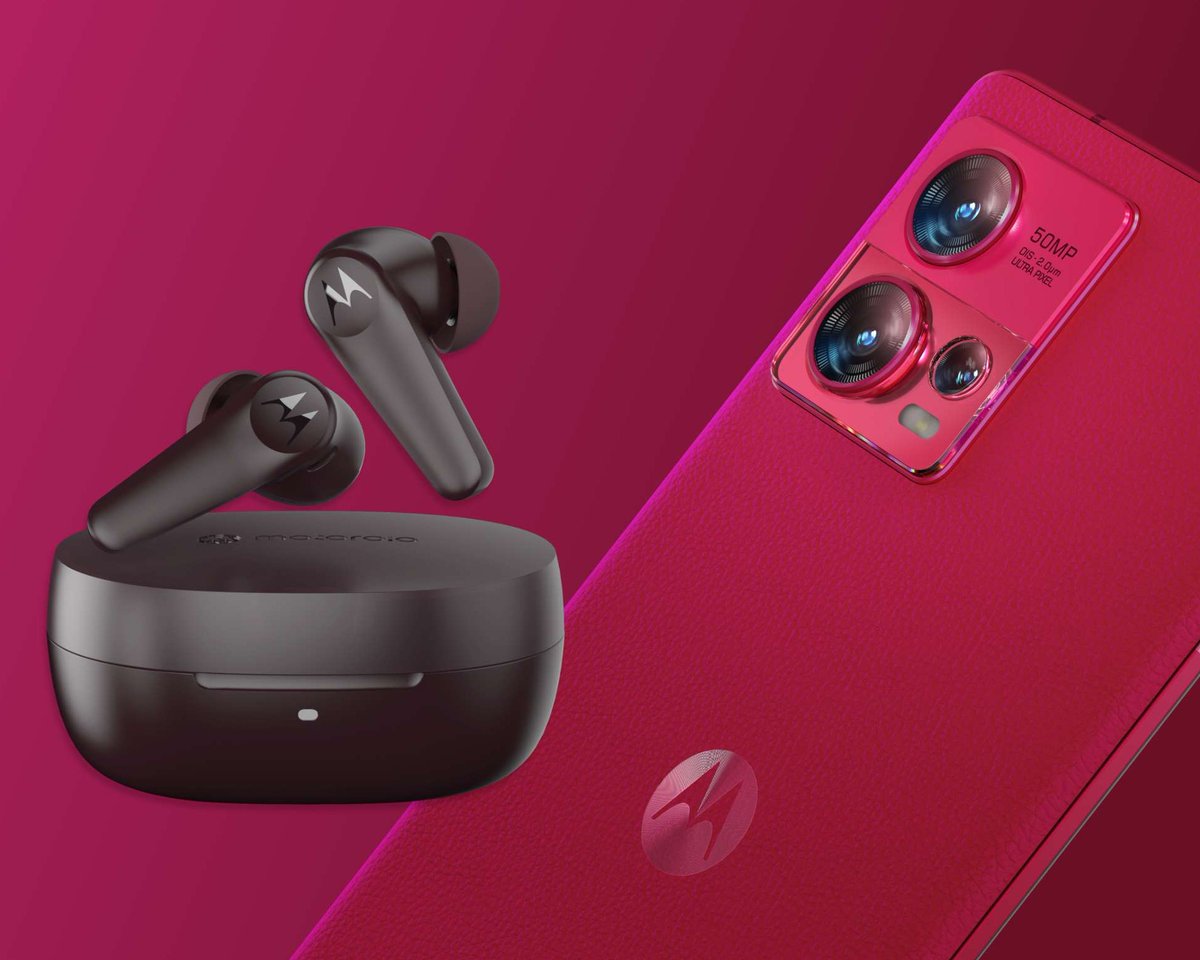 shopmotorola's tweet photo. The new @motorolaus edge 30 fusion in @pantone Color of the Year, Viva Magenta, pairs beautifully with the new moto buds 600 https://t.co/kOmLfEisSx https://t.co/6IHOXUt9Ko