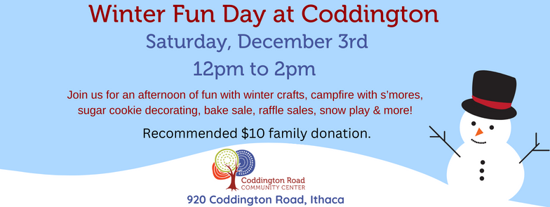 We hope to see you tomorrow at our Winter Fun Day at Coddington. Join us from 12:00pm to 2:00pm; recommended $10 family donation with a great assortment of activities. 

#twithaca