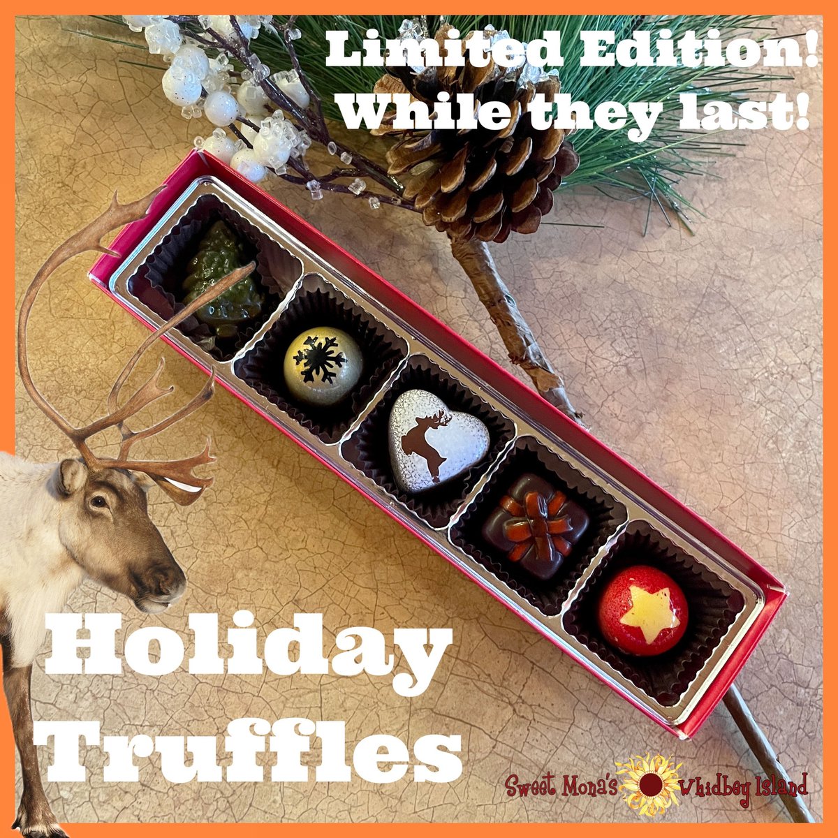 sweetmonas's tweet image. Reindeer Magic Holiday Truffles available at Sweet Mona's in Langley while they last. 

#holidaytruffles #chocolate #sweetmonaschocolates #whidbeyisland #langleywa #whidbeymade