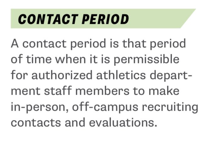 RECRUITs: Today starts the football recruiting…

        C O N T A C T  P E R I O D 

           Fri Dec 2 - Sat Dec 17

‘23 prospects will see coaches visit your SCHOOL and make IN-HOME visits. 

In-person off-campus visits are permissible during this period.

#Recruiting101