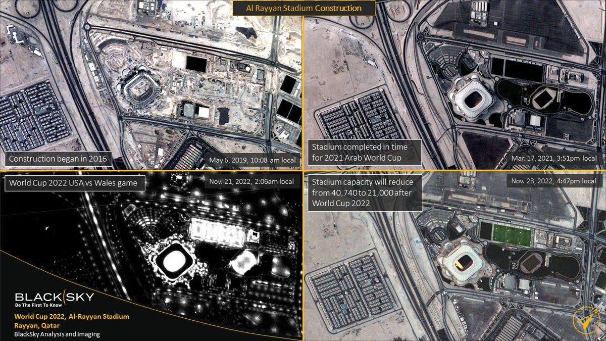 As we’re following the #WorldCup, have you ever wondered how #AlRayyanStadium was built? 
#BlackSky imagery shows its construction progress from 2019 to present day, as well as a nighttime view of the #USAvWAL game. ⚽
#FIFAWorldCup #WorldCup22 #WorldCup2022