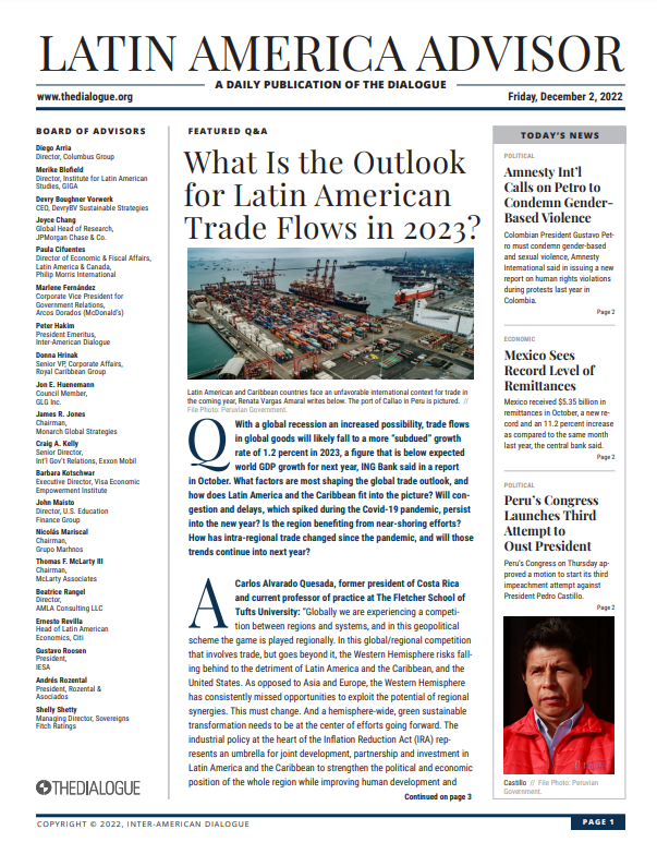 What factors are shaping the outlook for global trade &amp; how will Latin America be affected? See today's #LatAmAdvisor for views by former Costa Rican President <a href="/CarlosAlvQ/">Carlos Alvarado Quesada</a> as well as Renata Vargas Amaral, <a href="/jcsikaffyc/">Juan Carlos Sikaffy Canahuati</a> &amp; Manuel Agosin --> bit.ly/3unaf6d <a href="/The_Dialogue/">The Inter-American Dialogue</a>