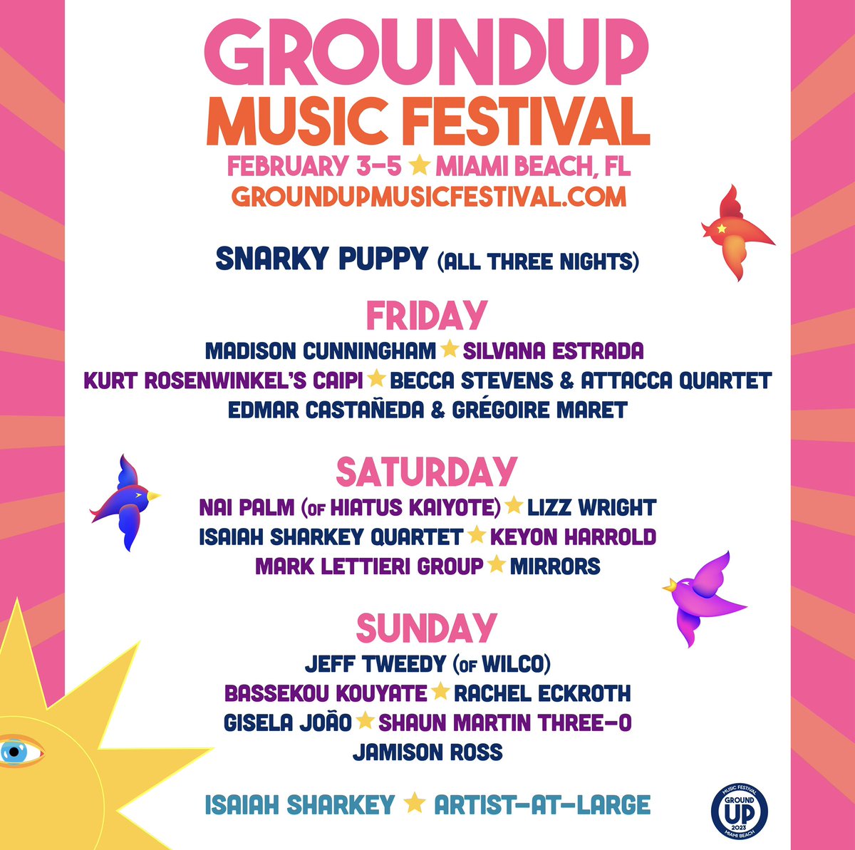 GroundUP Music Festival (@groundupfest) on Twitter photo DAILY LINEUPS ARE HERE π·π΄βοΈ
What days will we see you? 
There's just over 2 more months until we're reunited in Miami Beach π 
Get your tickets at groundupmusicfestival.com DAILY LINEUPS ARE HERE π·π΄βοΈ
What days will we see you? 
There's just over 2 more months until we're reunited in Miami Beach π 
Get your tickets at groundupmusicfestival.com