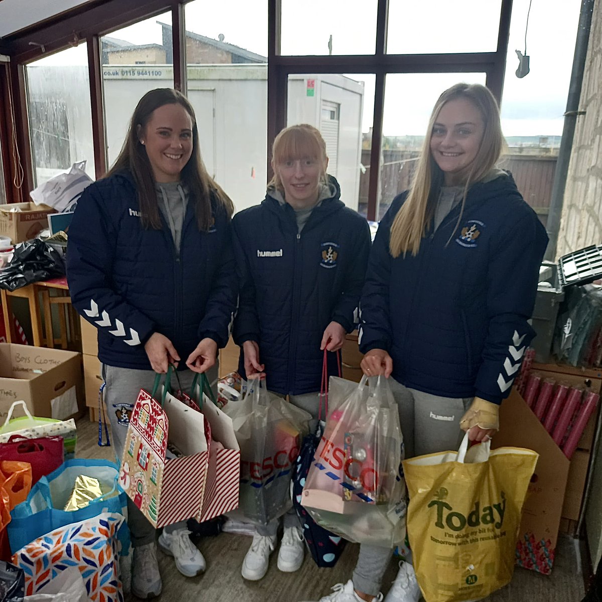 Kirsty Munro, Abby Robinson &amp; Laura McLaughlin from <a href="/KilmarnockWFC/">Kilmarnock FC Women</a> were delighted to donate presents to Hillhouse.🎁

The whole team contributed essential gifts to the charity.

Hillhouse is a social enterprise, who support individuals &amp; families experiencing financial hardship.