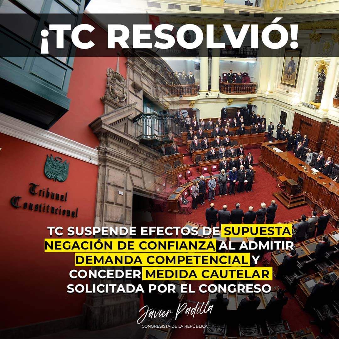📌#LOULTIMO / RESPETAMOS LA CONSTITUCIÓN QUE ES LA NORMA BÁSICA DEL ORDENAMIENTO JURÍDICO DE UN ESTADO: El #TC, 
ADMITIÓ LA DEMANDA COMPETENCIAL presentada por el Congreso y concedió LA MEDIDA CAUTELAR que SUSPENDE los efectos de la supuesta negación de la #CuestiónDeConfianza