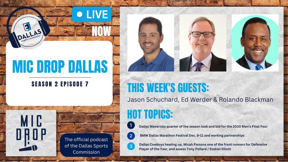 dallas_sports's tweet photo. 🎧It's podcast o'clock! Listen now to season 2️⃣ episode 7️⃣ of #MicDropDallas. This week's guests:

🏃 Jason Schuchard
🏈 @WerderEdESPN 
🏀 Rolando Blackman

Stream the episode:
👀 https://t.co/tCAgTvj59c
🎤hosted by Monica Paul &amp; Kevin “Sully” Sullivan
⚡️ Powered by @tonyfaypr https://t.co/NI9nho4oUC