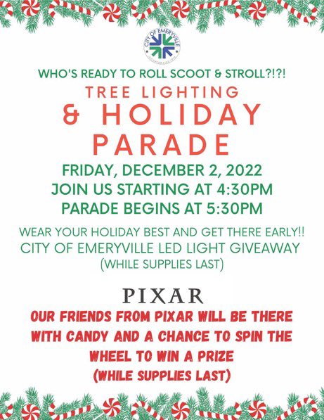 JohnBauters's tweet photo. The fun you’d be missing if you skip the car-free holiday parade tonight. Special thanks to @xtracycle and @BlueHeronBikes1 for providing our reindeer sleigh, @BayStEmeryville for the tree and festivities, and above all, our @EmeryvilleCA @EmeryvillePD and @EmeryvilleCSD staff. https://t.co/WKKhGipXT7