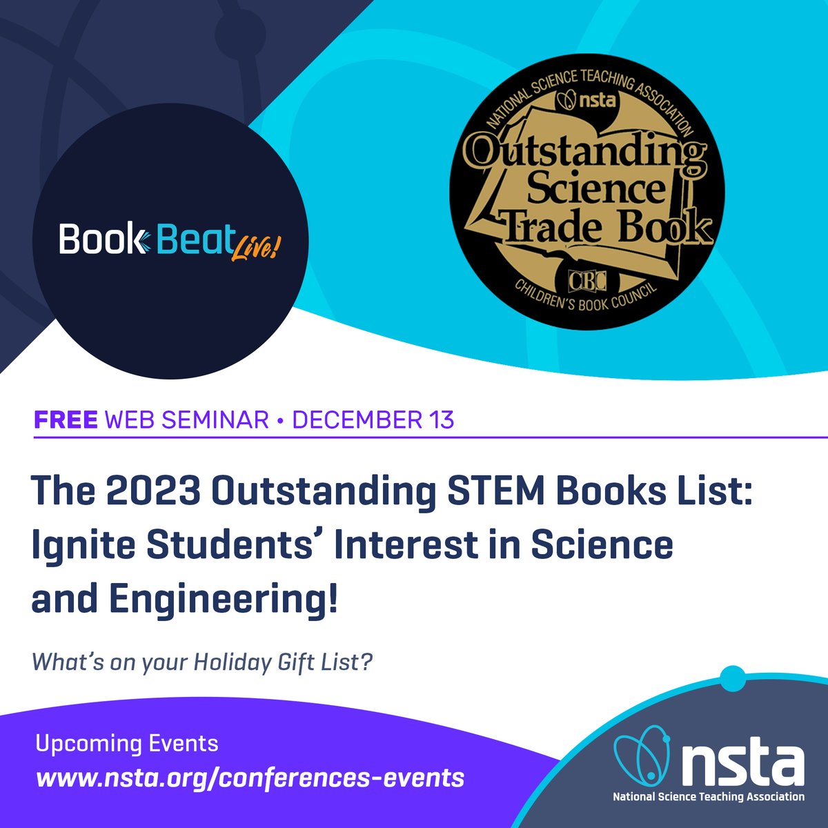 NSTA's tweet image. Join #NSTA for December’s Book Beak Live! Explore the 2023 Outstanding #STEM Books List. Presenters will share how children’s trade books can be used in STEM #teaching &amp;amp; support development of #science &amp;amp; engineering in schools
Join us on Dec. 13, 7 pm ET: bit.ly/3P8xlap