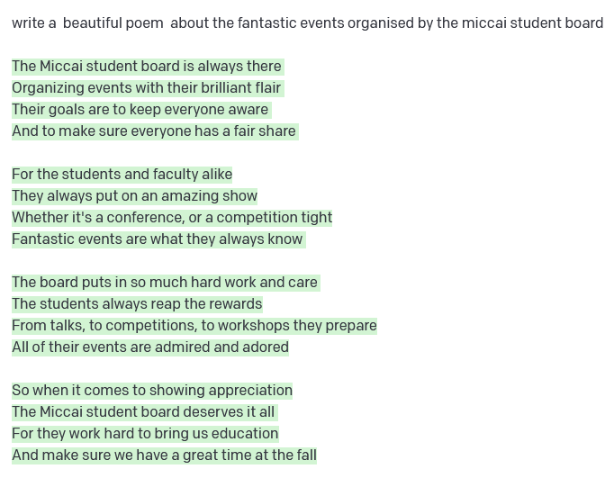 weiserjpaul's tweet photo. I asked OpenAIs GPT-3 to write a poem about the @MiccaiStudents https://t.co/njmqCAQ5vC