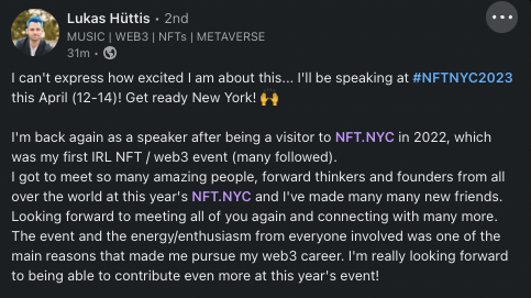 NFT_NYC's tweet photo. Loved what @lMoody1660 said about https://t.co/1IrDLHvCh6 on LinkedIn!

"The event and the energy/enthusiasm from everyone involved was one of the main reasons that made me pursue my web3 career."

Thanks for sharing Lukas. https://t.co/Pkm6URAOz8