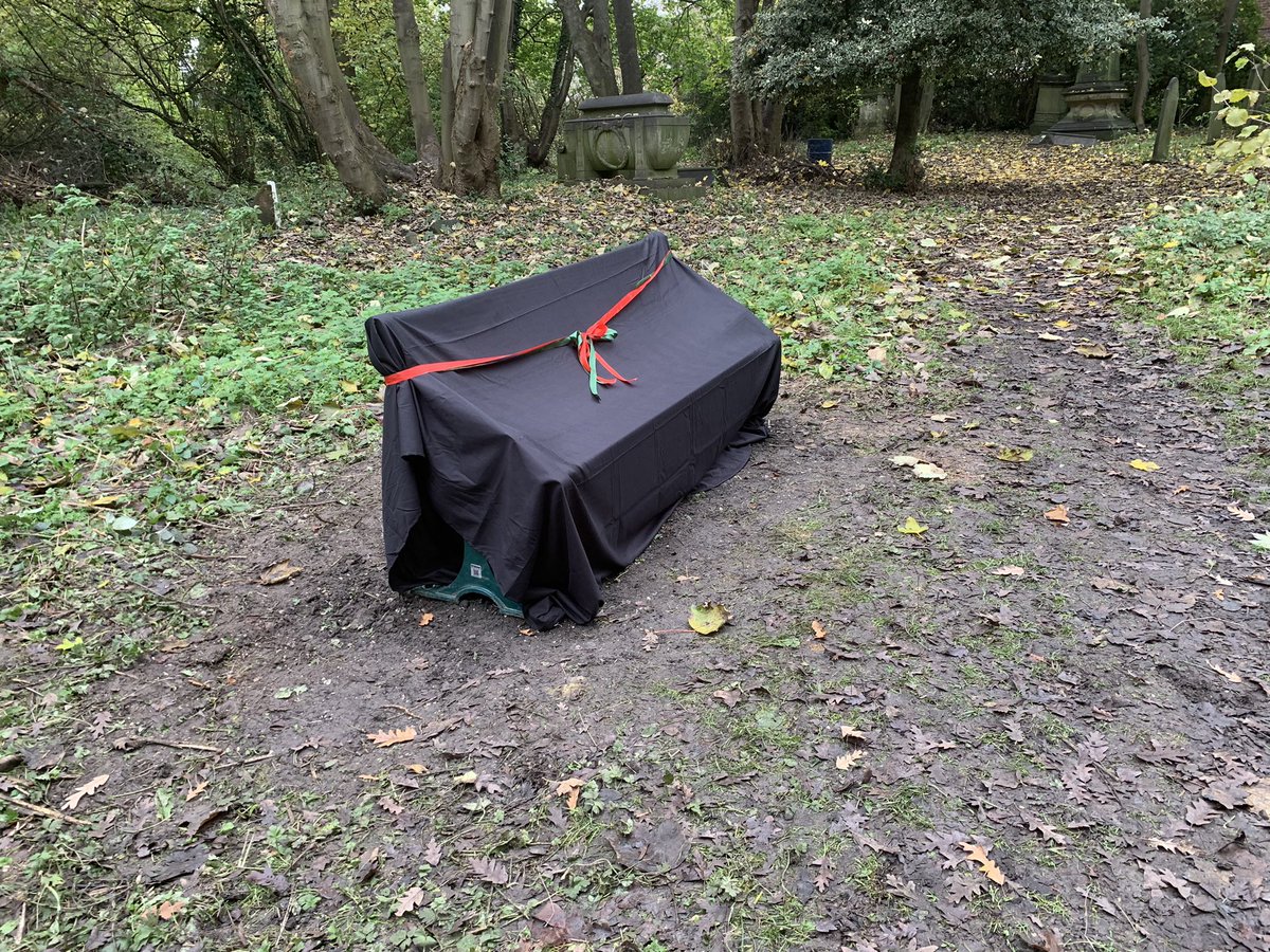 PLSoc's tweet photo. The unveiling of a Larkin Centenary Bench in Hull General Cemetery, on the exact spot where Betjeman interviewed Larkin for the 1964 Monitor film. Thanks to the Friends of the Cemetery. https://t.co/iAz3NUMFZi
