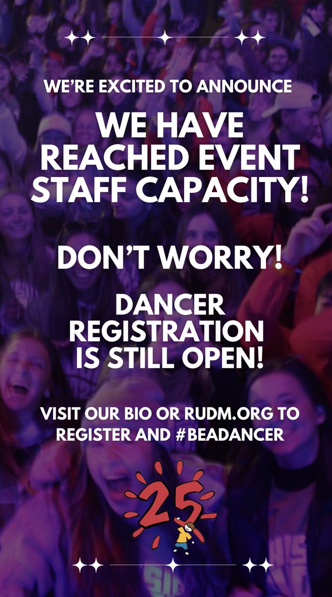 We are excited to share that Event Staff capacity for 2023 has been reached!

Dancer registration is still open! Visit RUDM.org today to register ❤️🔆