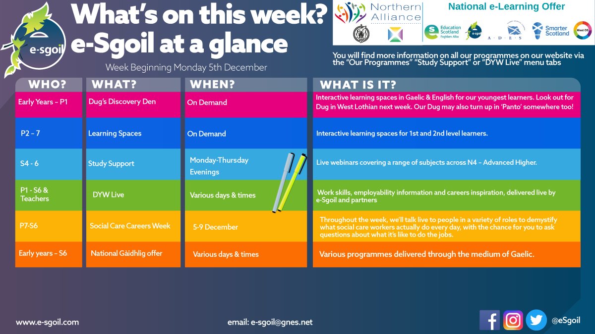 eSgoil's tweet photo. What's coming up from e-Sgoil during the week of 5th December?
Details below and more information on all programmes on our website
https://t.co/ABK0rDybAA
#NeLO #DYWLive https://t.co/NFbIE3ozzo