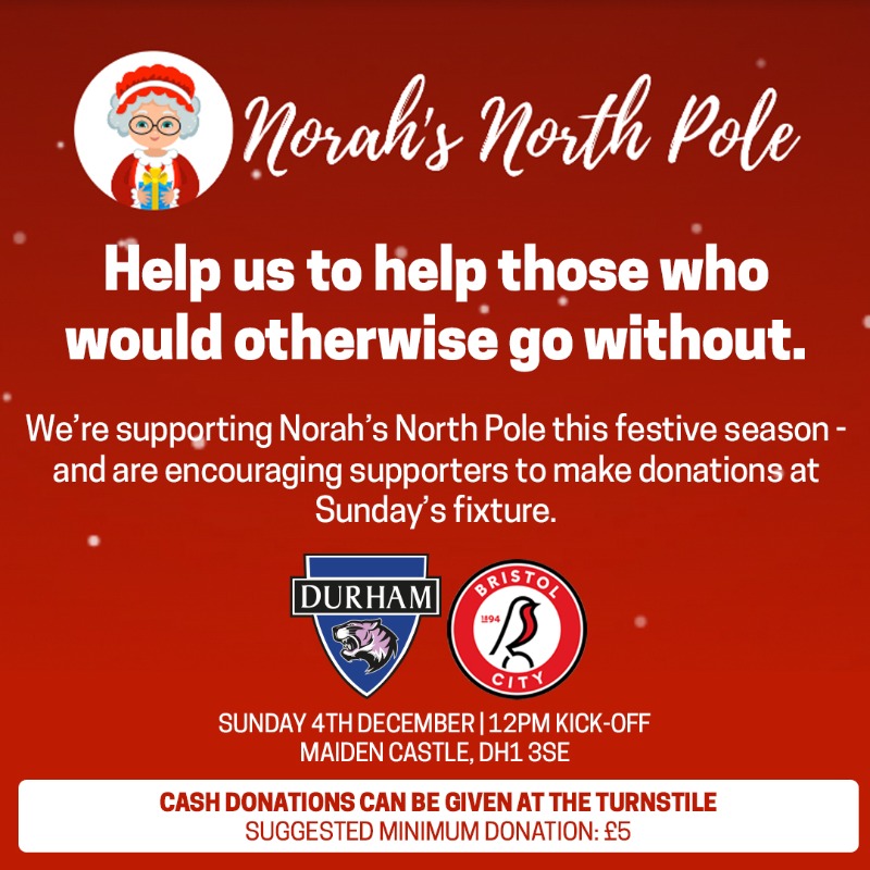 DurhamWFC's tweet photo. Help us to help those who might go without this Christmas 🎄

We're encouraging supporters to join our players and staff in donating to local charity Norah's North Pole this Christmas - with a collection to take place at Sunday's game 💙

Here's how you can get involved ⤵️
