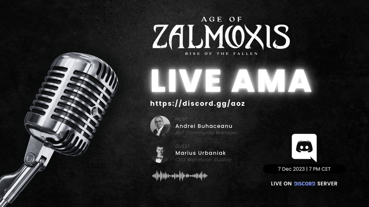 📯The first #AMA Session on the official Age of Zalmoxis Discord server.
💬You can start posting your questions on the AMA-dedicated channel.
🎙️Hosted by Andrei - Community Manager and co-founder of <a href="/Dacorum_gg/">Dacorum_gg</a>. 
🎙️The first guest is Marius Urbaniak, CEO of <a href="/WenmoonStudios/">Wenmoon Studios</a>.