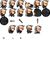 今日のドット打ち。ボスの武器とかジャンプとかを追加。最下のゴミみたいなのはダメージ時にだす破れた布の切れ端素材 