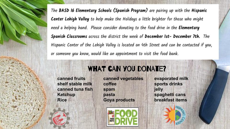 Ms. Cruz (@keilacruzbasd) on Twitter photo Hola <a href="/BASDFtHill/">Fountain Hill Elementary School</a> & <a href="/GovernorWolf/">Governor Wolf Elementary School</a>. The Elementary Spanish Teachers from across the district are holding a food drive from December 5th - December 7th for the Basilio Huertas Senior Center on 4th Street in Bethlehem. Please, consider sending items from the list. :) Hola <a href="/BASDFtHill/">Fountain Hill Elementary School</a> & <a href="/GovernorWolf/">Governor Wolf Elementary School</a>. The Elementary Spanish Teachers from across the district are holding a food drive from December 5th - December 7th for the Basilio Huertas Senior Center on 4th Street in Bethlehem. Please, consider sending items from the list. :)