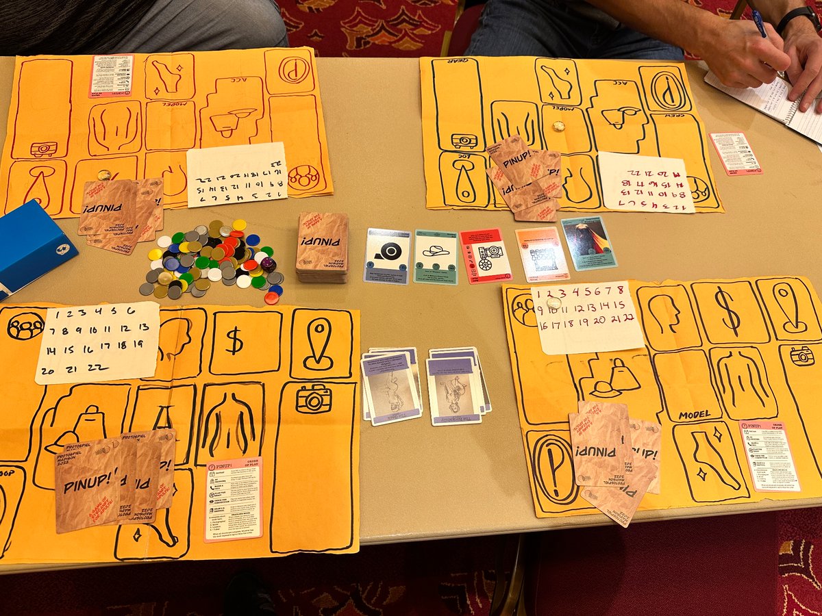 First playtesting of #pinupgame in the wild here at #protospielmadison