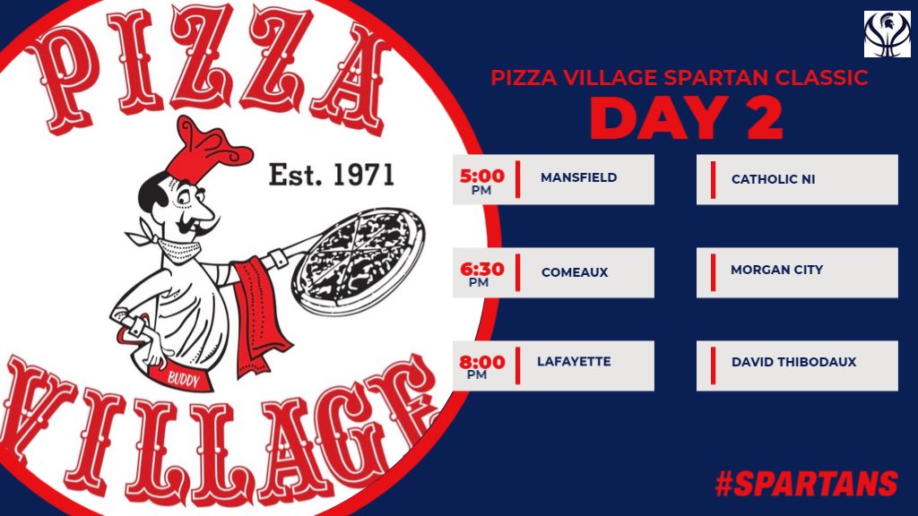 ComeauxHoops's tweet photo. Day 2 of the Pizza Village Spartans Classic! Tip off for the Spartans 6:30 tonight! Let’s pack the gym and make sure before or after to grab a bite to eat @PizzaVillage  #Spartans https://t.co/phkDUkDWyy