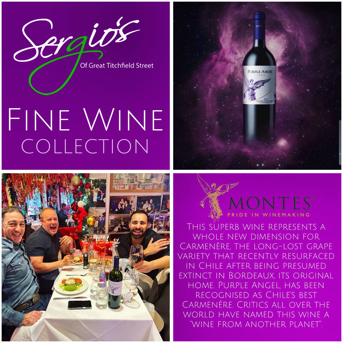 SergiosW1's tweet photo. Very fine wine drinkers enjoying a Purple Angel or two from our PRIVATE DINING ROOM COLLECTION.

Cheers!

#toprated #italianrestaurant #fitzrovia #london 

#finewine #finewines #worldwines #privatedining #finewinelist #chile #wineofchile #chilianwine  #monteswines https://t.co/kQPiCkFiOF